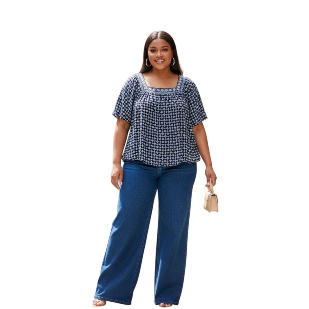J. Jill Navy and White Printed Square-Neck Blouse